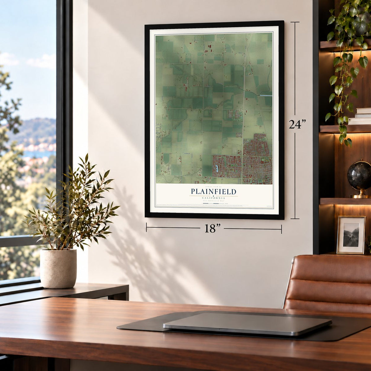 Plainfield, California map, 18 x 24 inch print in a black frame in a home office