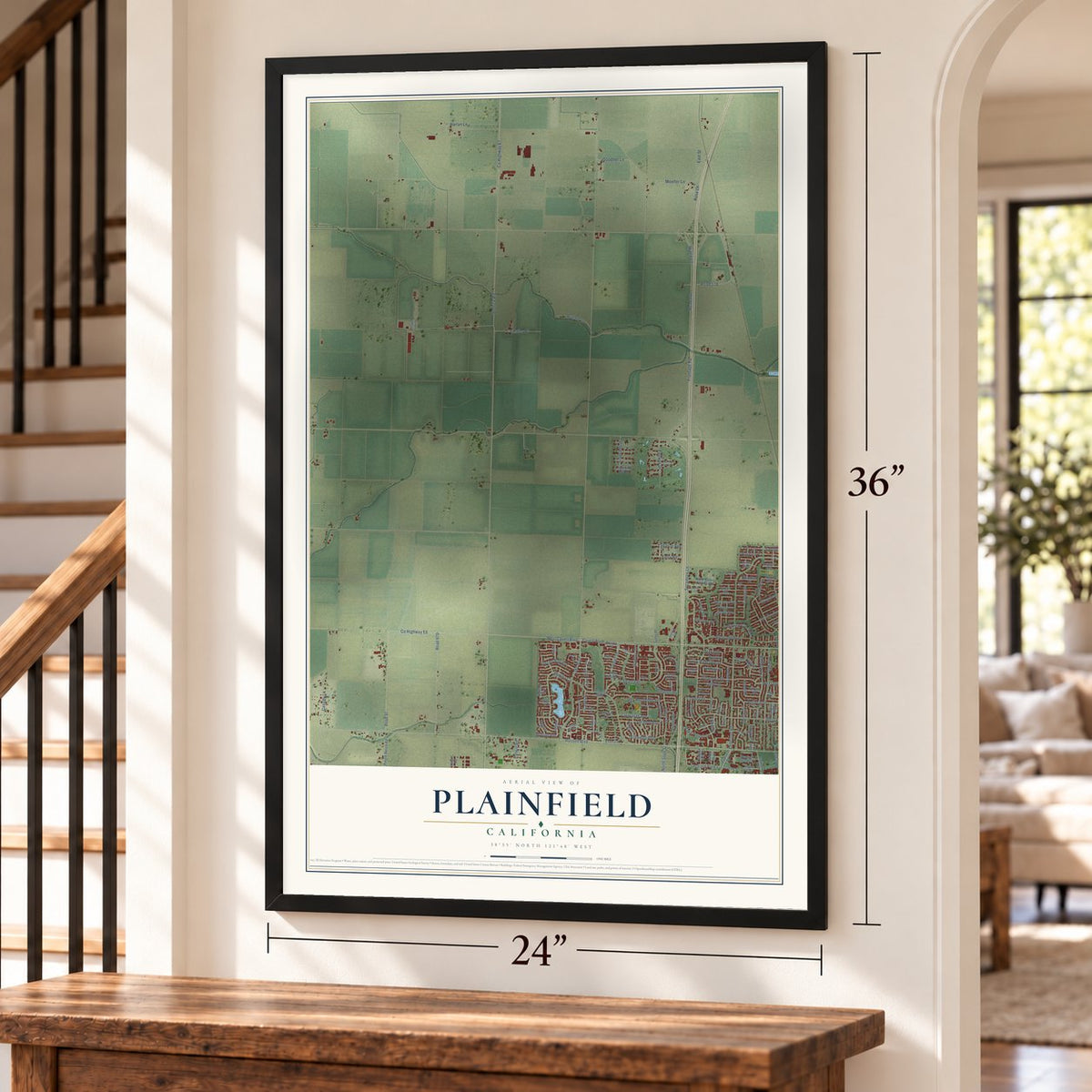 Plainfield, California map, 24 x 36 inch print in a black frame by a staircase