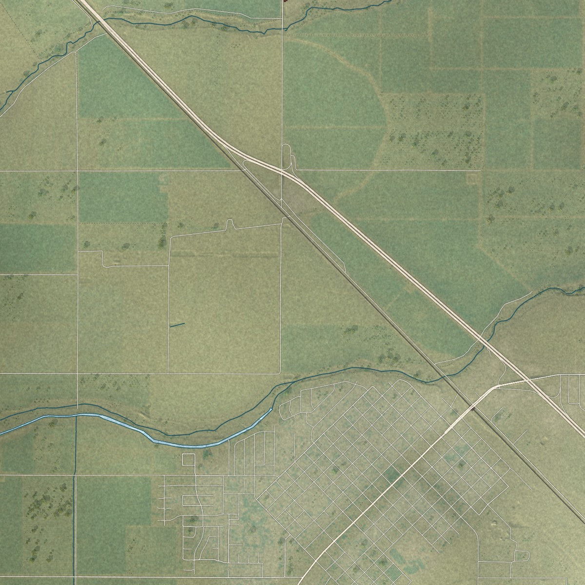 Close-up of the map of Plainsburg, California print showing street and building detail