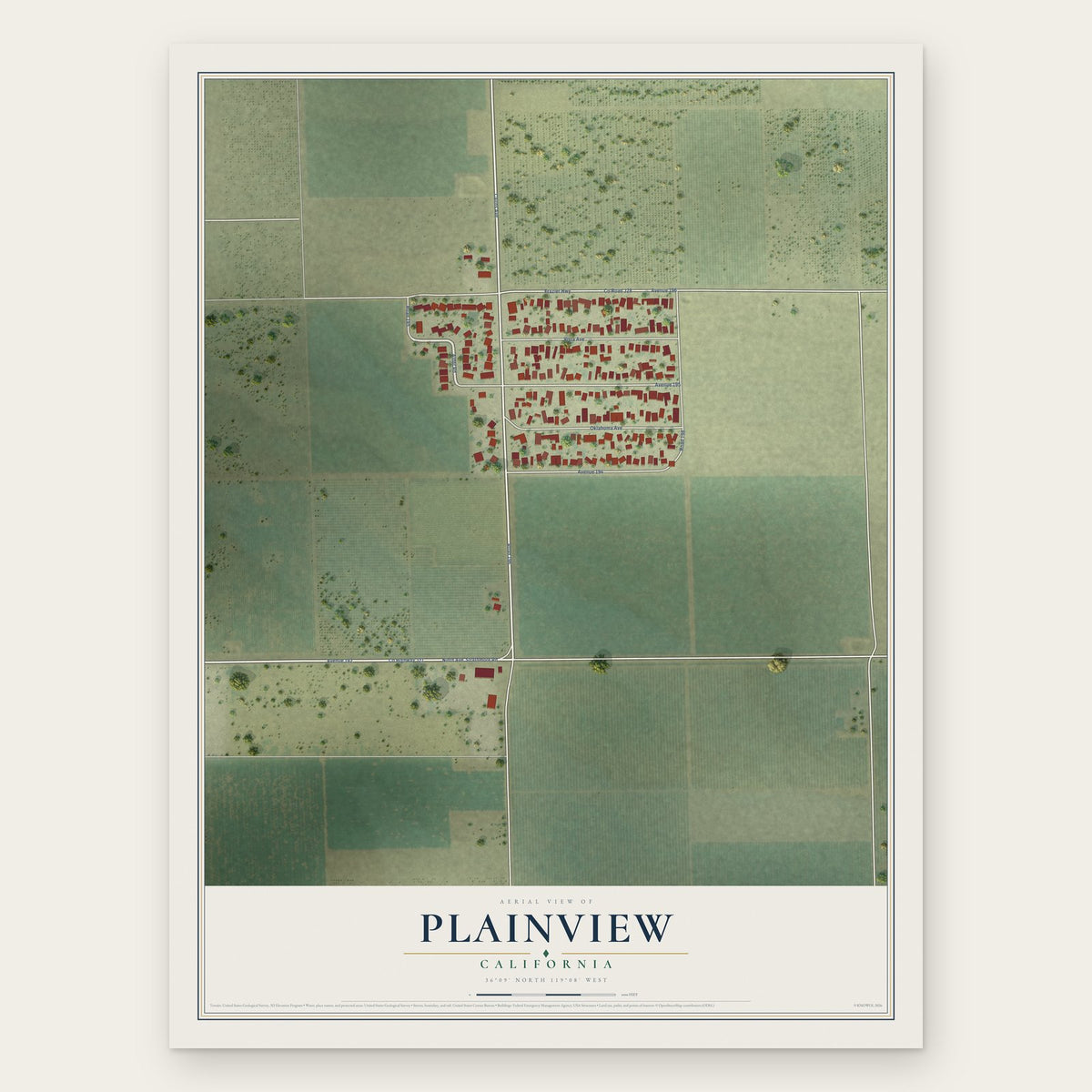 Plainview, California map print, the full design