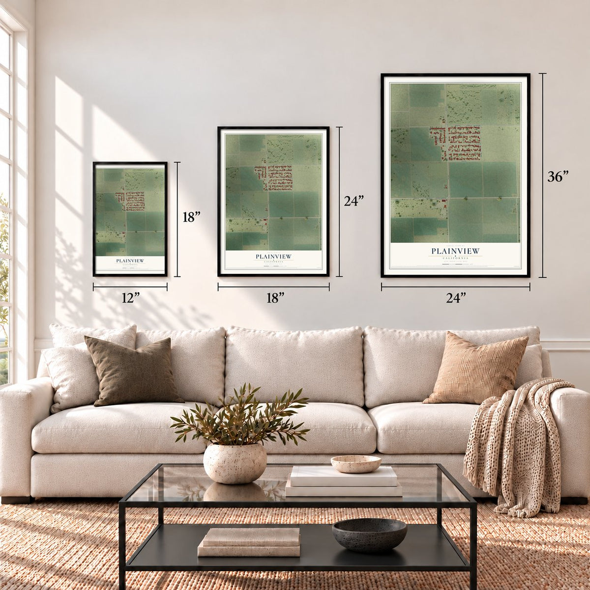 Plainview, California map in 12 x 18, 18 x 24 and 24 x 36 inch sizes above a sofa