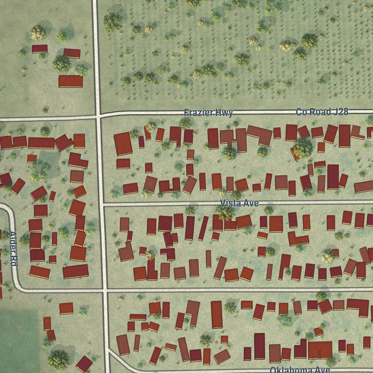 Close-up of the map of Plainview, California print showing street and building detail