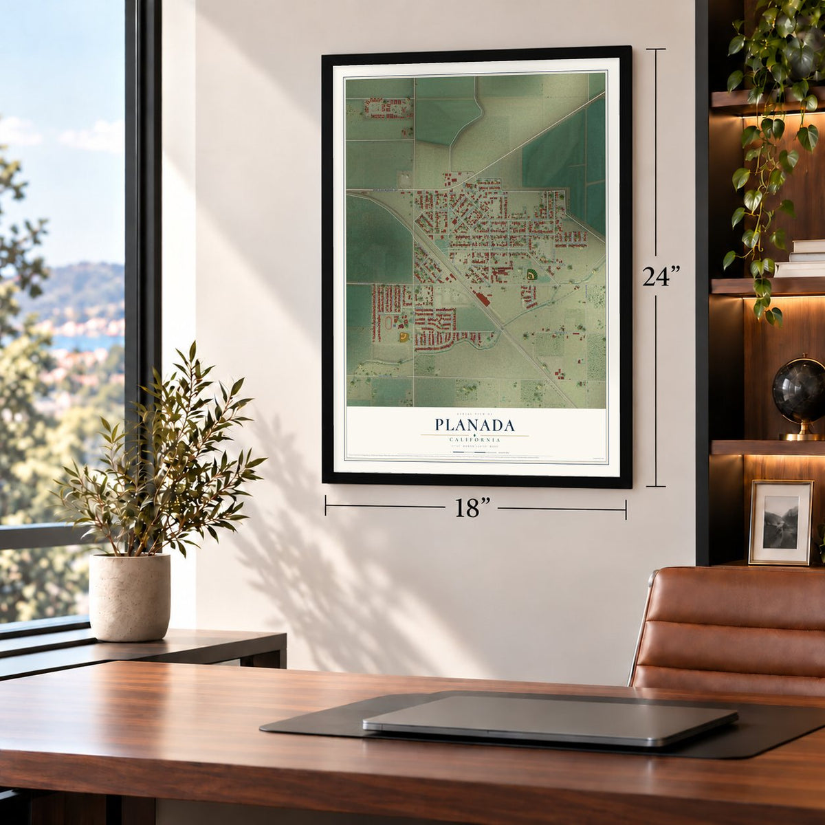 Planada, California map, 18 x 24 inch print in a black frame in a home office
