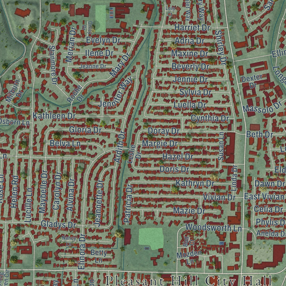 Close-up of the map of Pleasant Hill, California print showing street and building detail