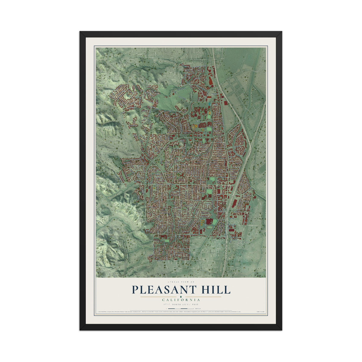 Map of Pleasant Hill, California, 12 x 18 inch print in a black wood frame