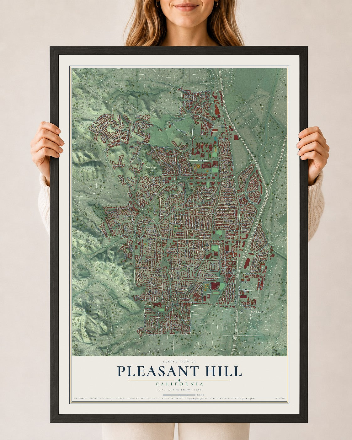 Map of Pleasant Hill, California, 24 x 36 inch print in a black wood frame