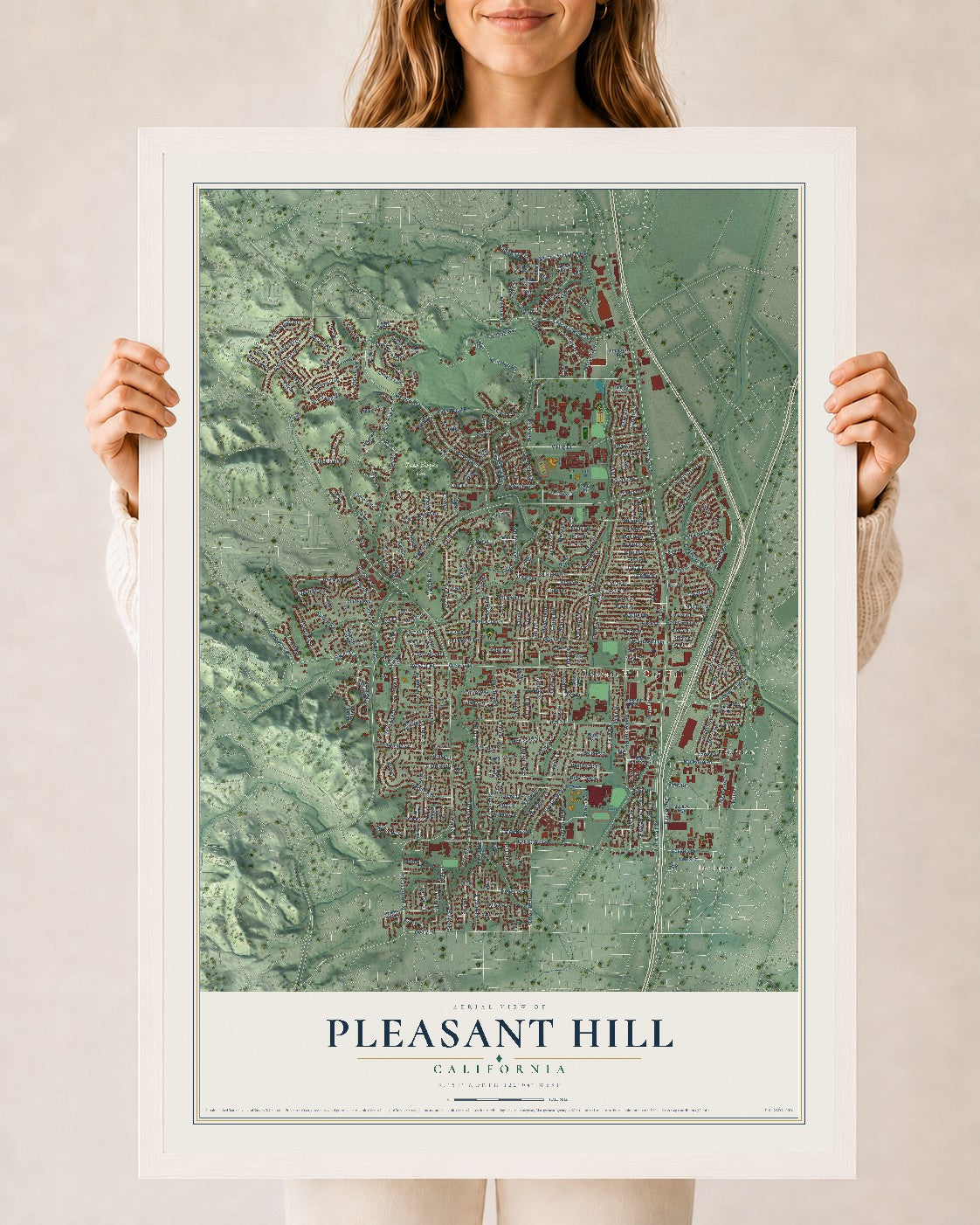 Map of Pleasant Hill, California, 24 x 36 inch print in a white wood frame