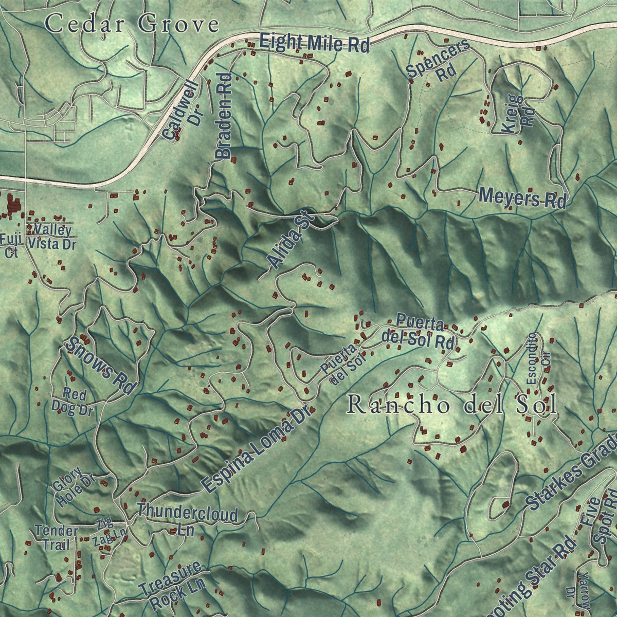Close-up of the map of Pleasant Valley, California print showing street and building detail
