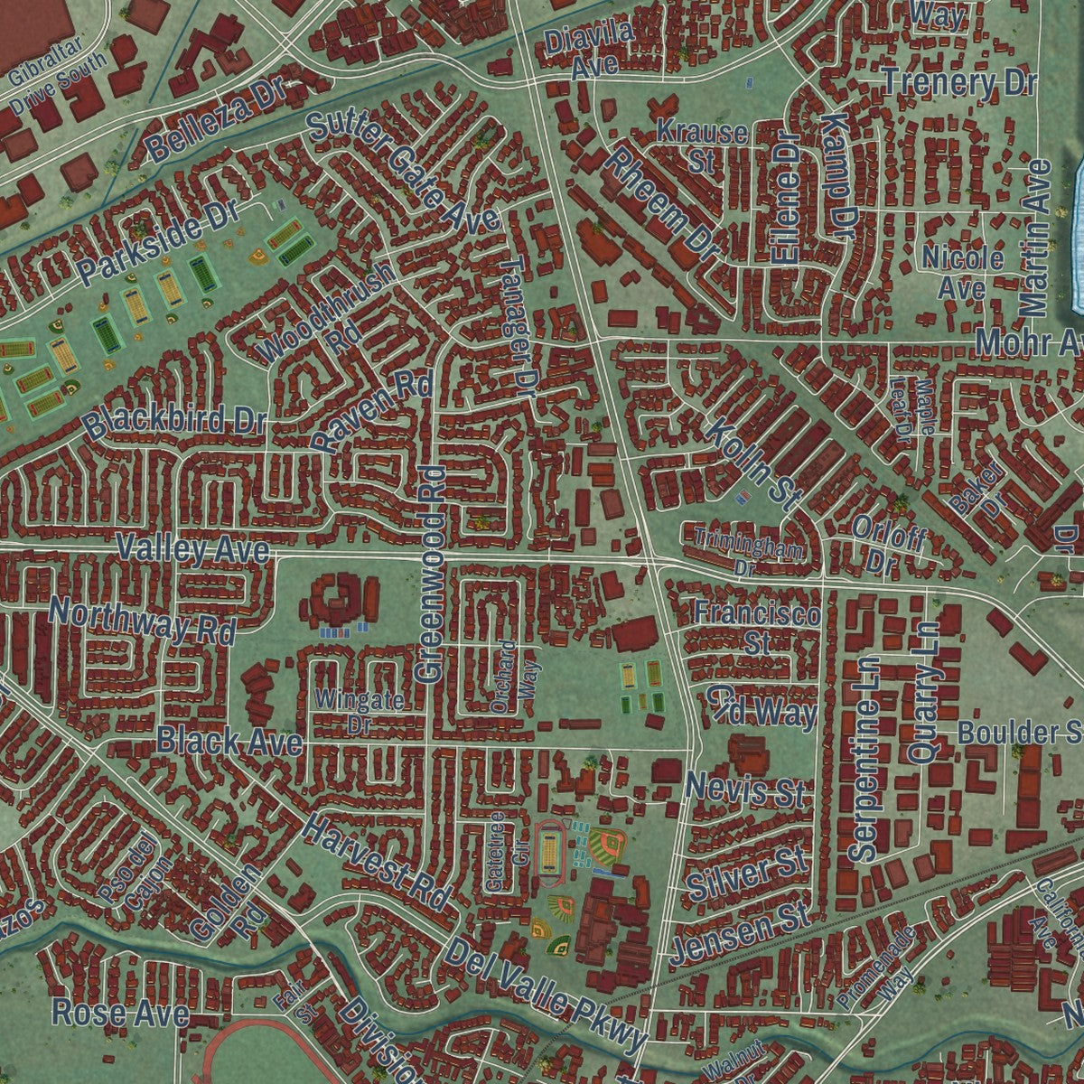Close-up of the map of Pleasanton, California print showing street and building detail