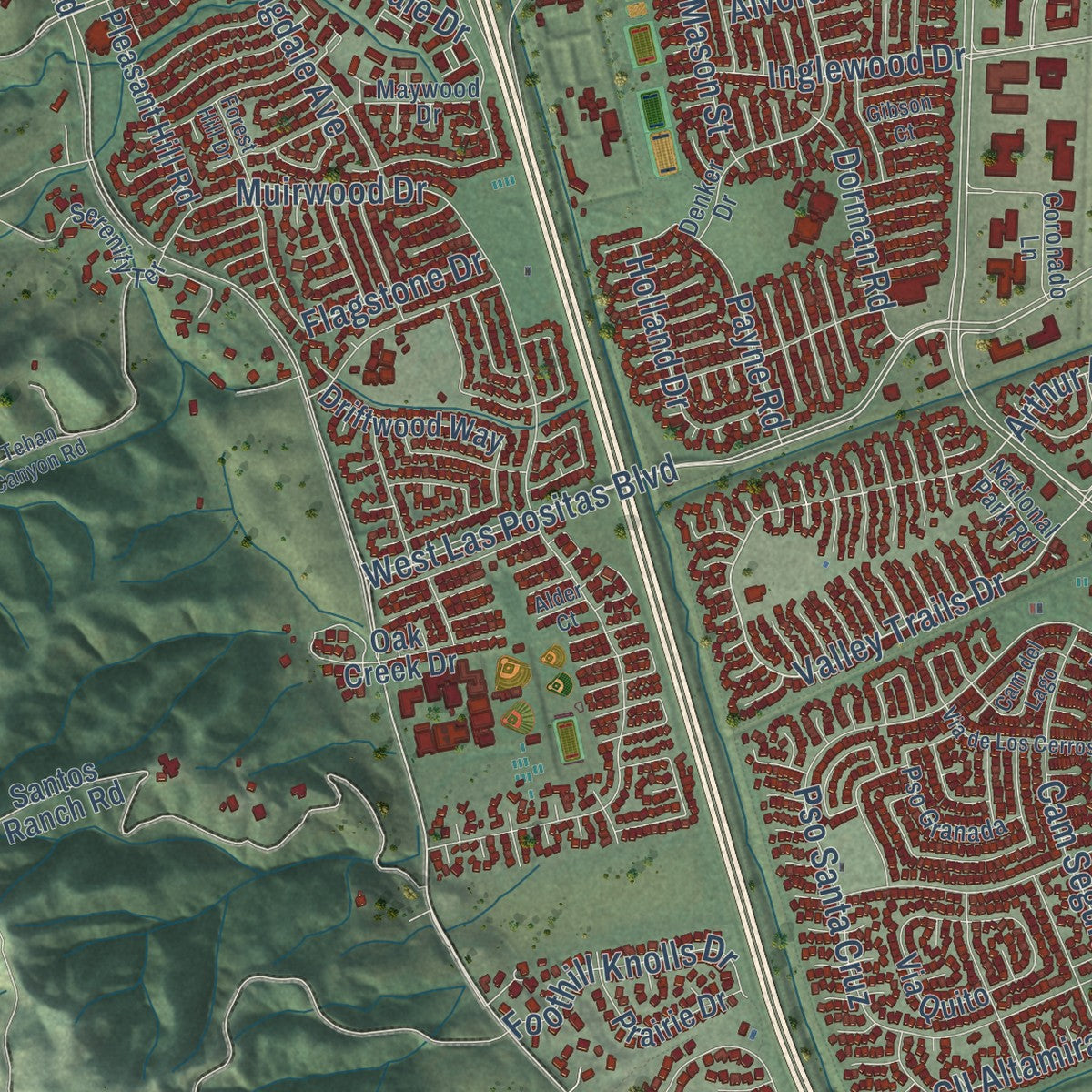 Second close-up of the map of Pleasanton, California print showing more streets and buildings