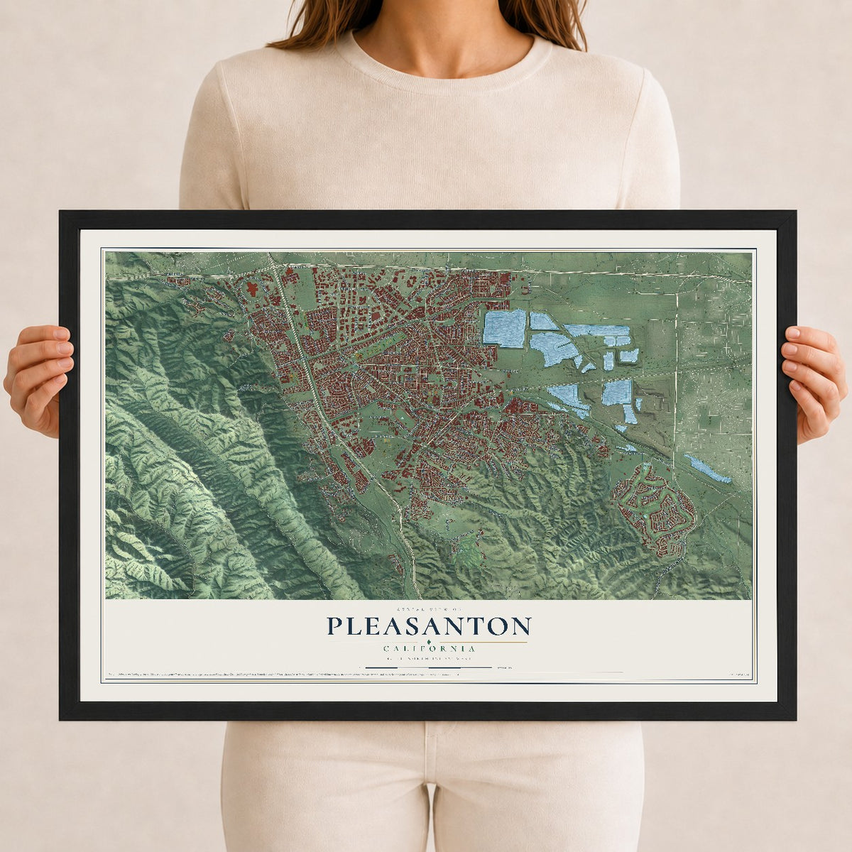 Map of Pleasanton, California, 12 x 18 inch print in a black wood frame