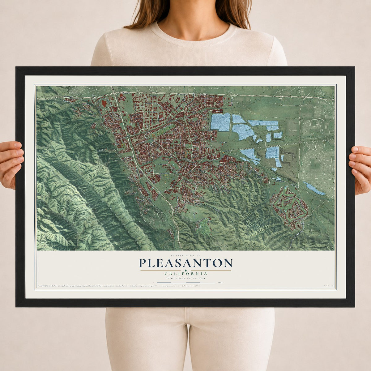 Map of Pleasanton, California, 18 x 24 inch print in a black wood frame