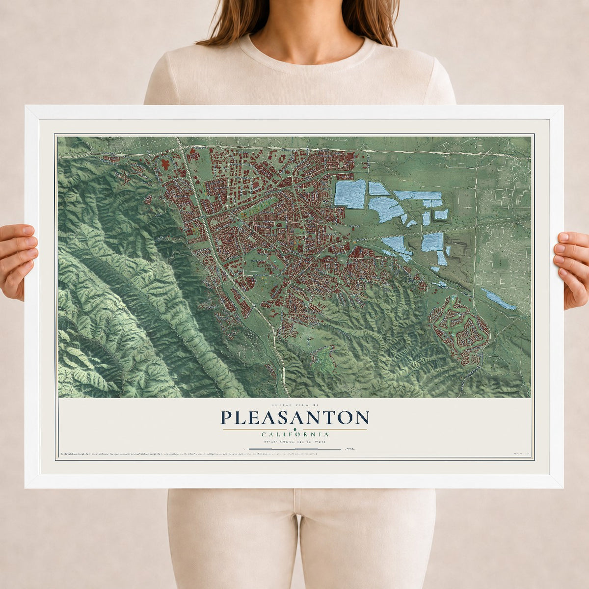 Map of Pleasanton, California, 18 x 24 inch print in a white wood frame