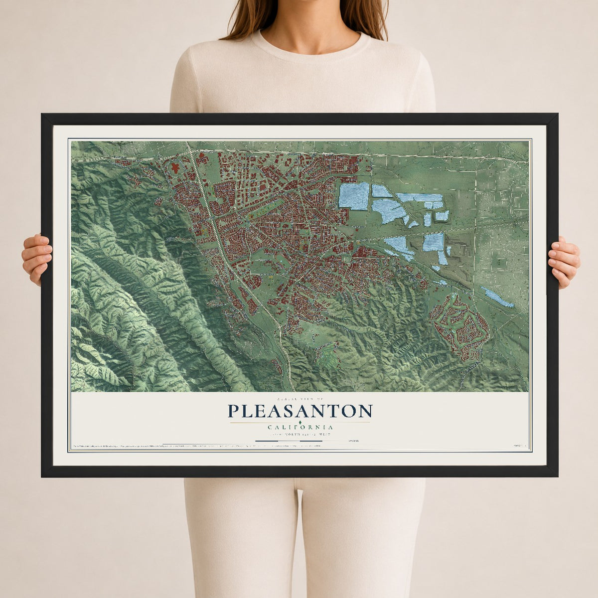 Map of Pleasanton, California, 24 x 36 inch print in a black wood frame