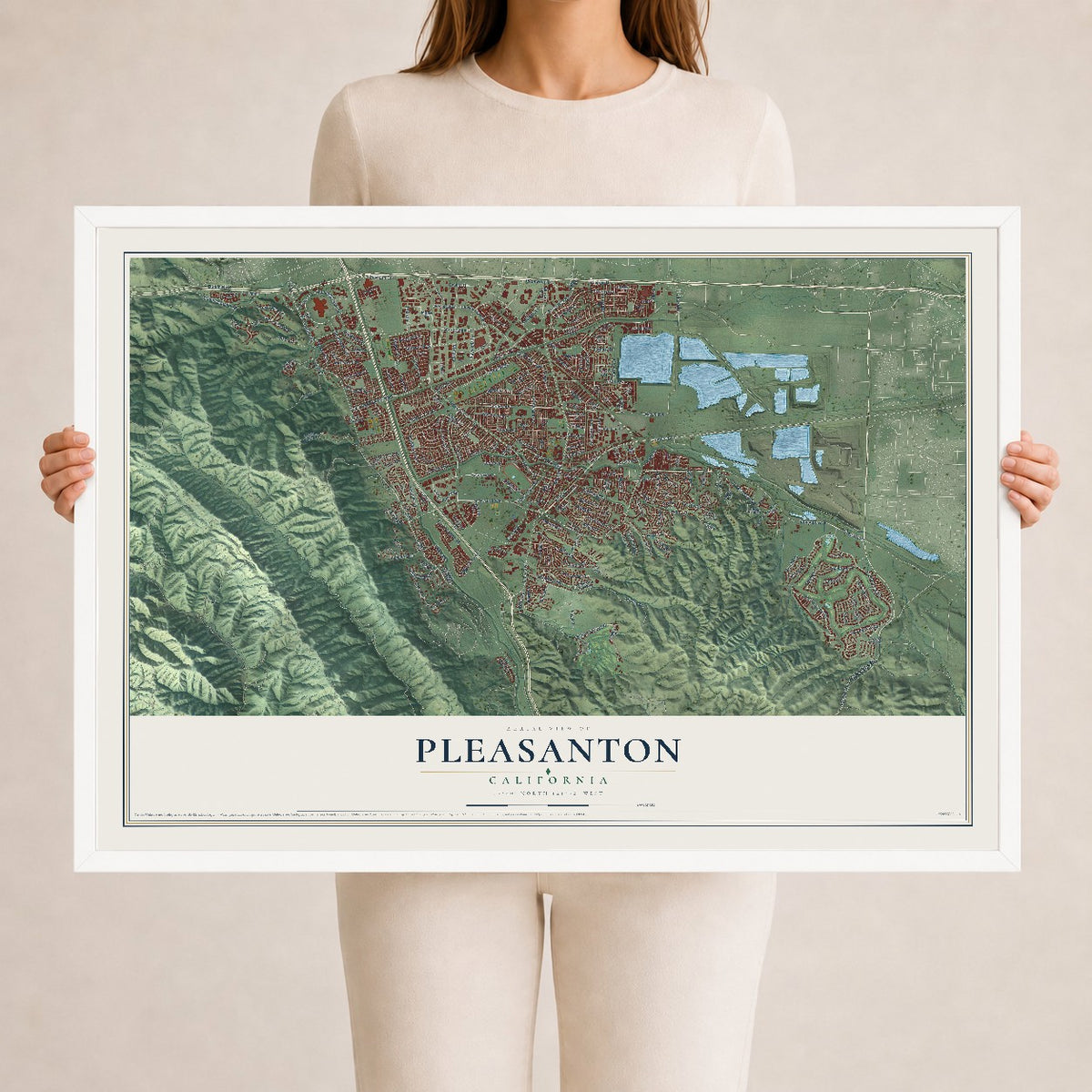 Map of Pleasanton, California, 24 x 36 inch print in a white wood frame
