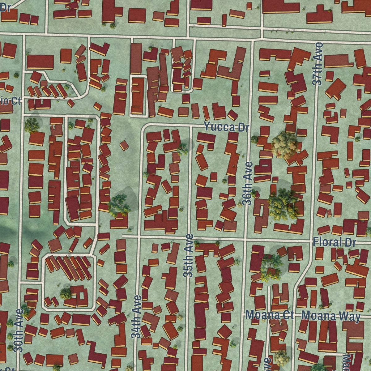 Close-up of the map of Pleasure Point, California print showing street and building detail