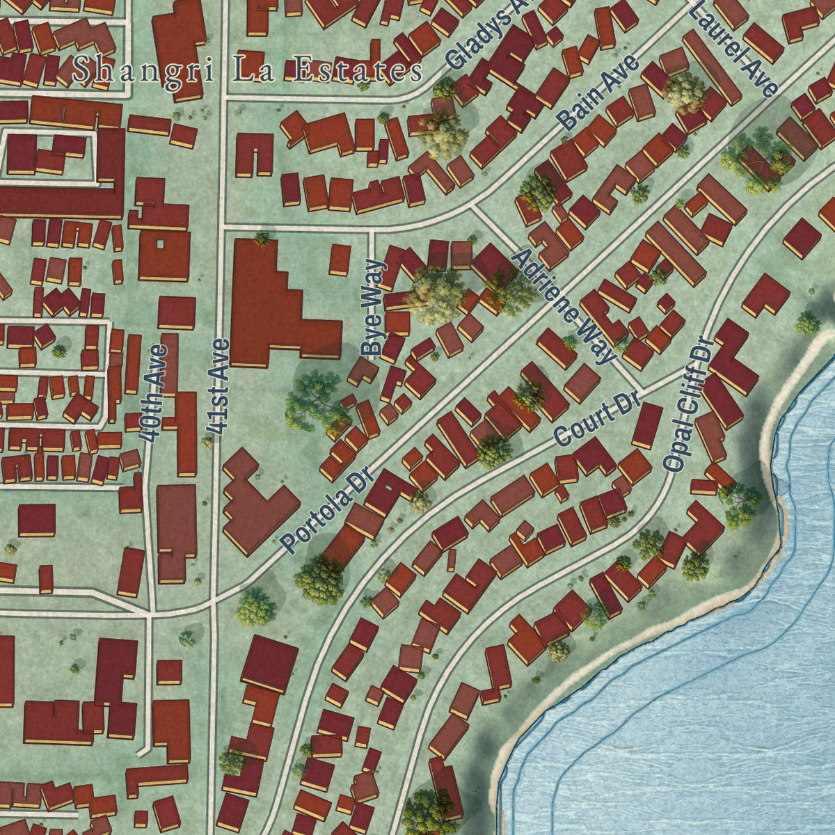 Second close-up of the map of Pleasure Point, California print showing more streets and buildings