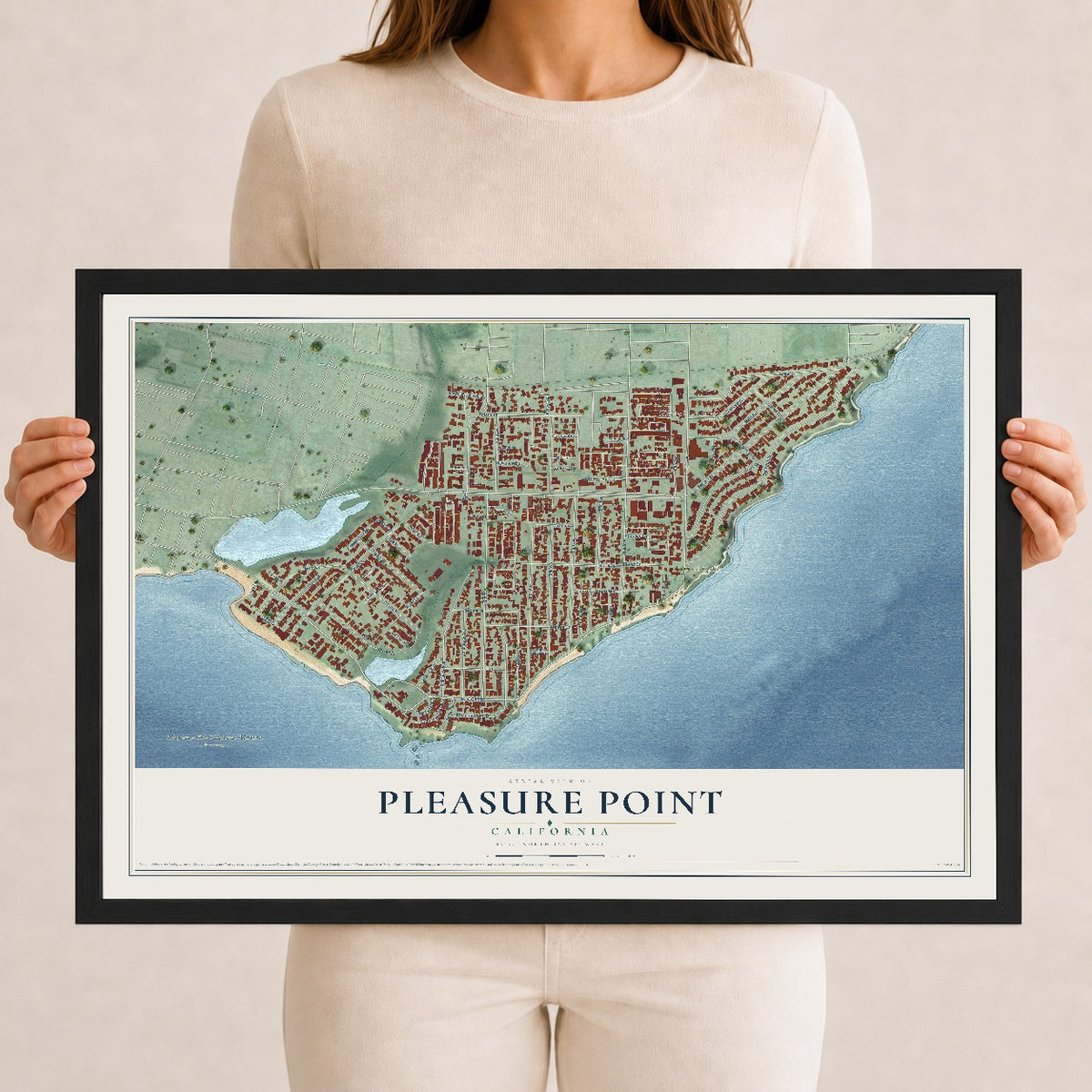 Map of Pleasure Point, California, 12 x 18 inch print in a black wood frame