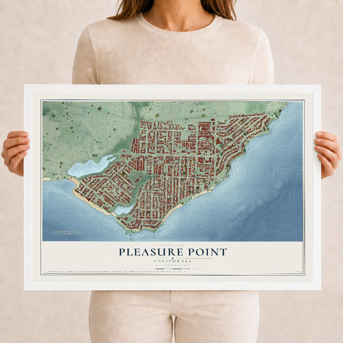 Map of Pleasure Point, California, 12 x 18 inch print in a white wood frame