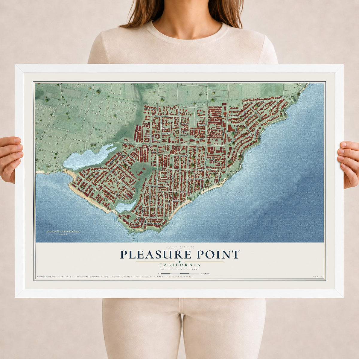 Map of Pleasure Point, California, 18 x 24 inch print in a white wood frame