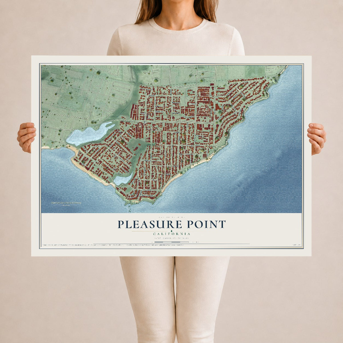 Map of Pleasure Point, California, 24 x 36 inch unframed archival matte print