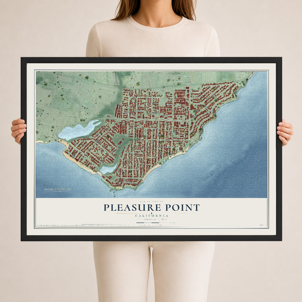 Map of Pleasure Point, California, 24 x 36 inch print in a black wood frame