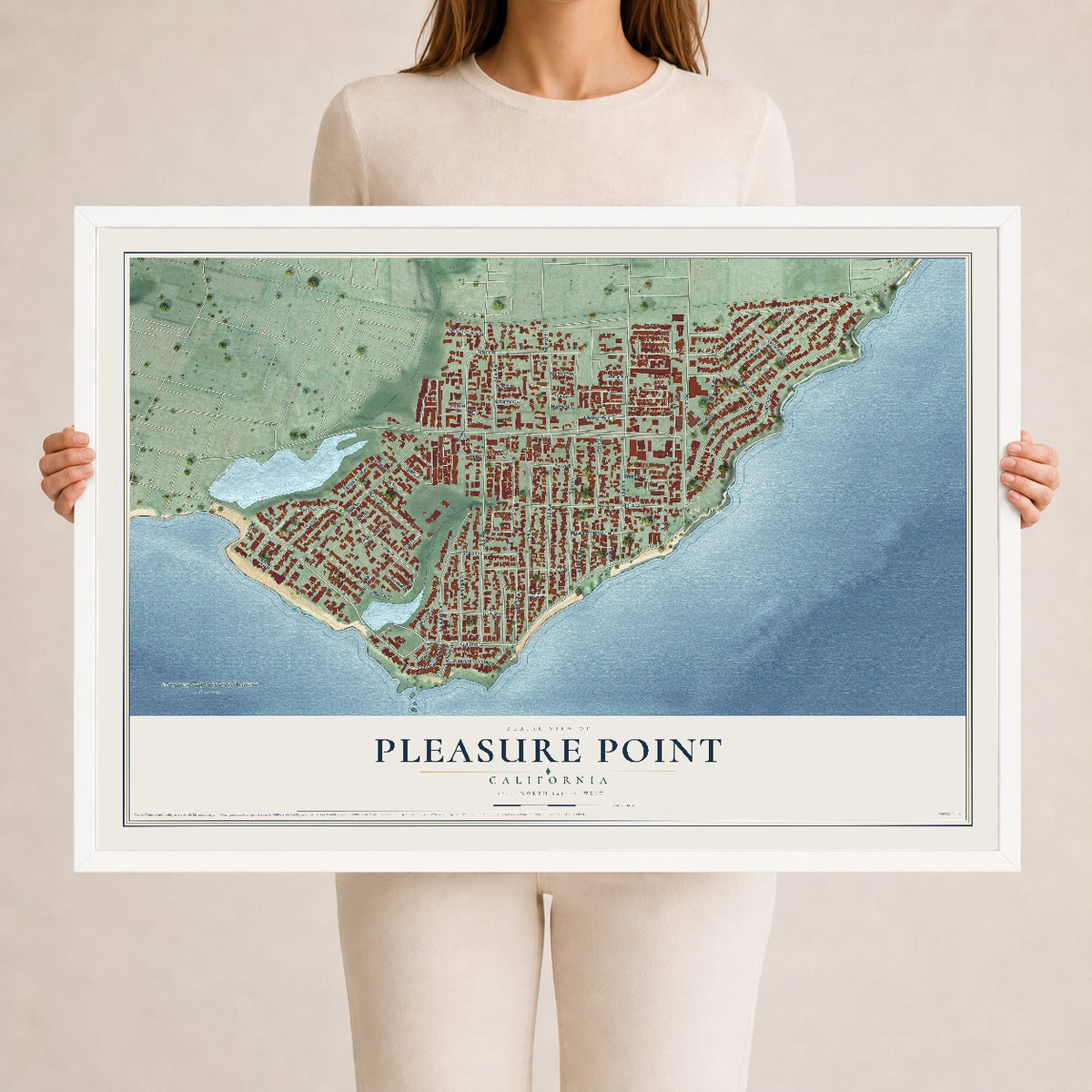 Map of Pleasure Point, California, 24 x 36 inch print in a white wood frame