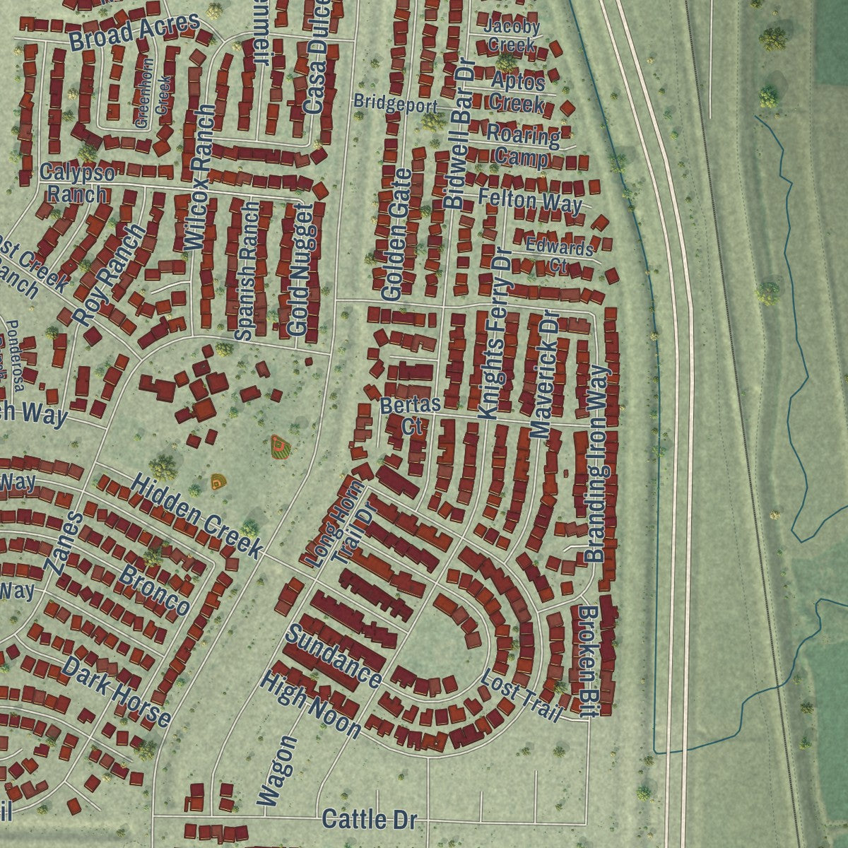 Close-up of the map of Plumas Lake, California print showing street and building detail