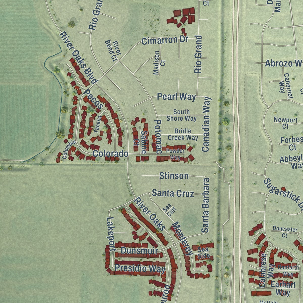 Second close-up of the map of Plumas Lake, California print showing more streets and buildings
