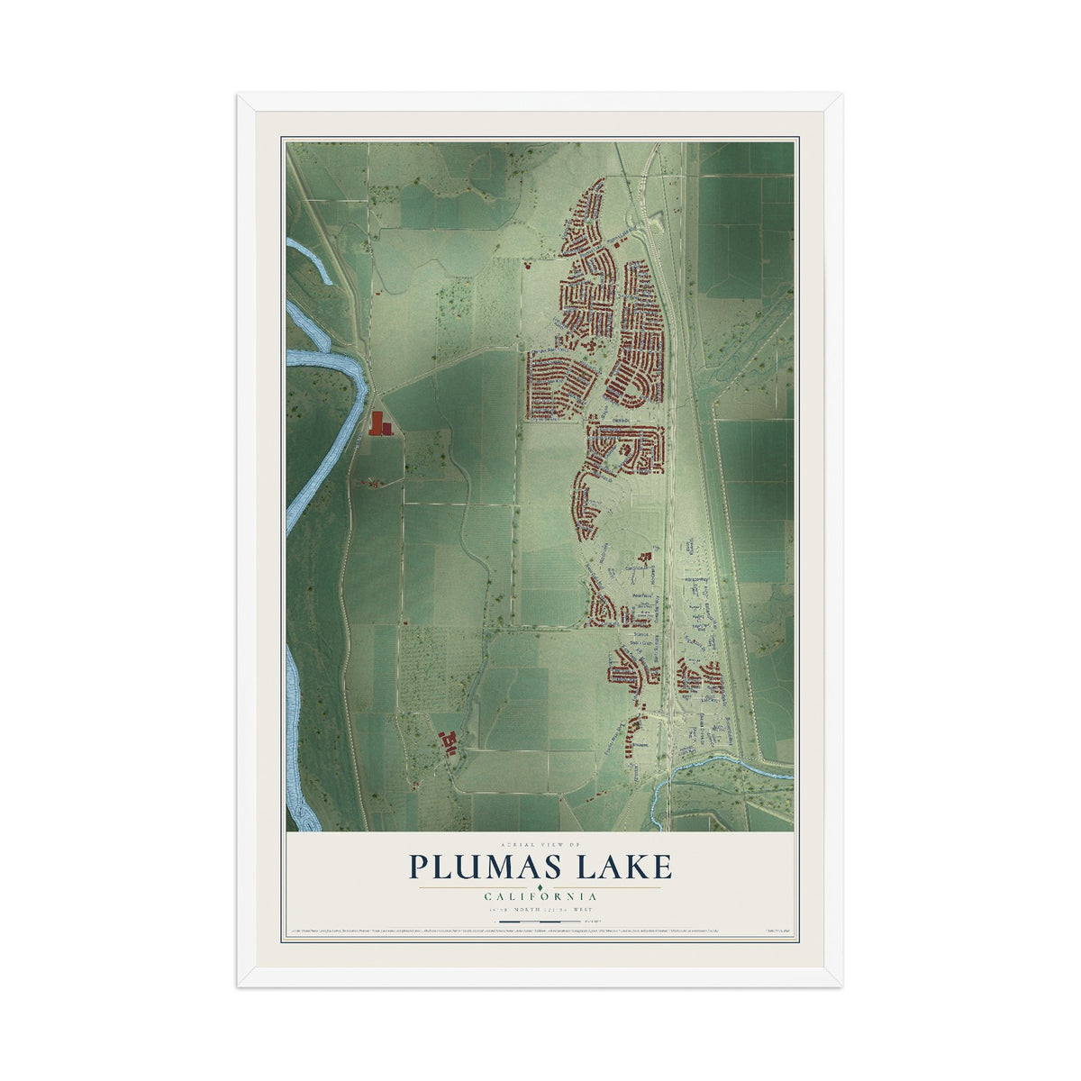 Map of Plumas Lake, California, 12 x 18 inch print in a white wood frame
