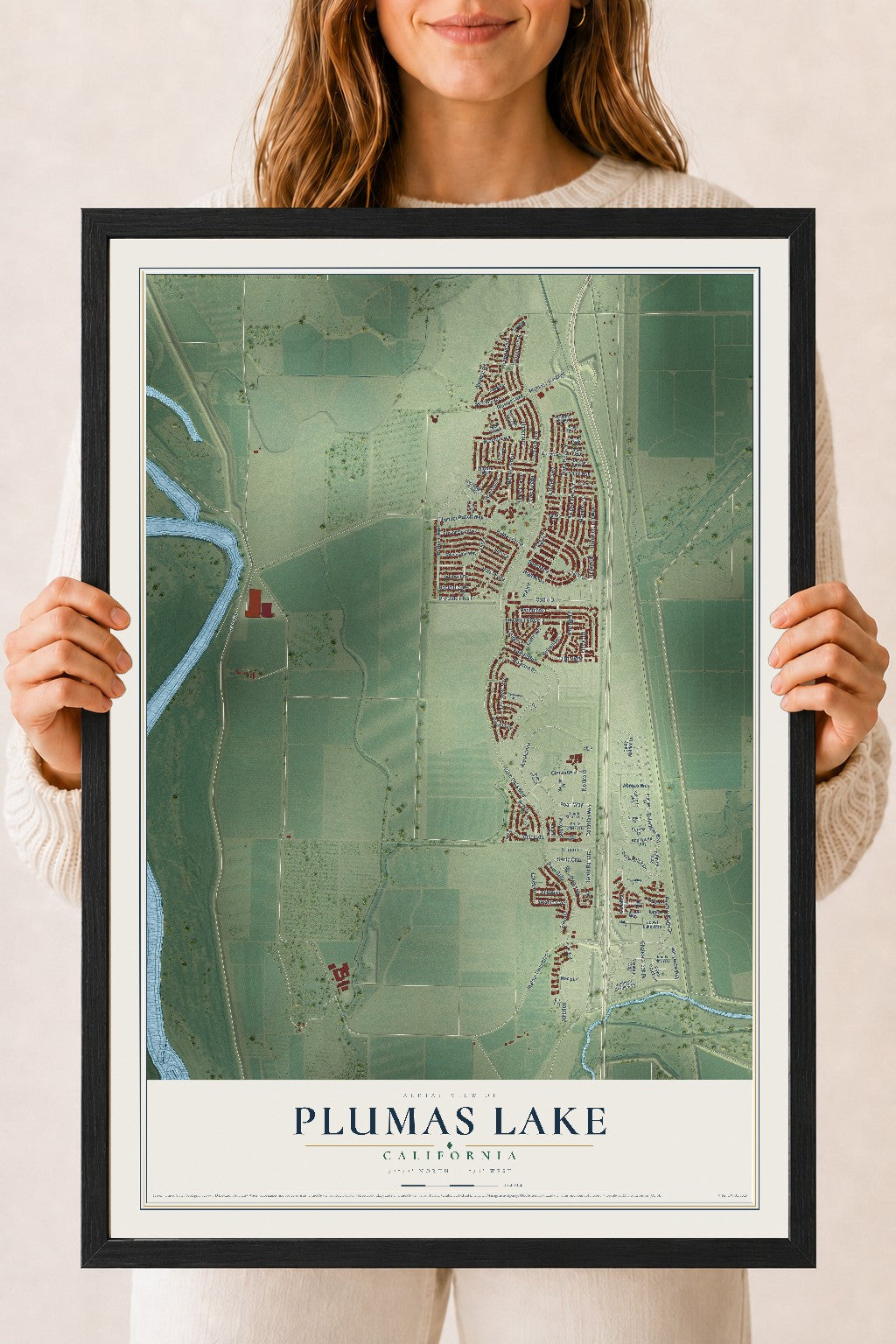 Map of Plumas Lake, California, 18 x 24 inch print in a black wood frame