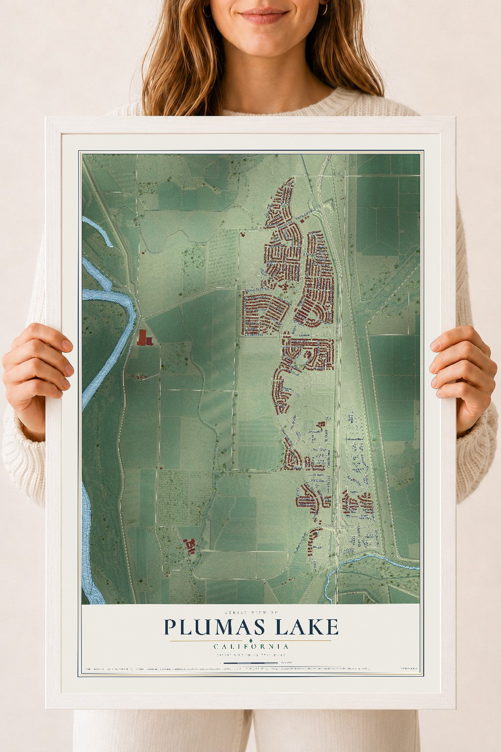 Map of Plumas Lake, California, 18 x 24 inch print in a white wood frame