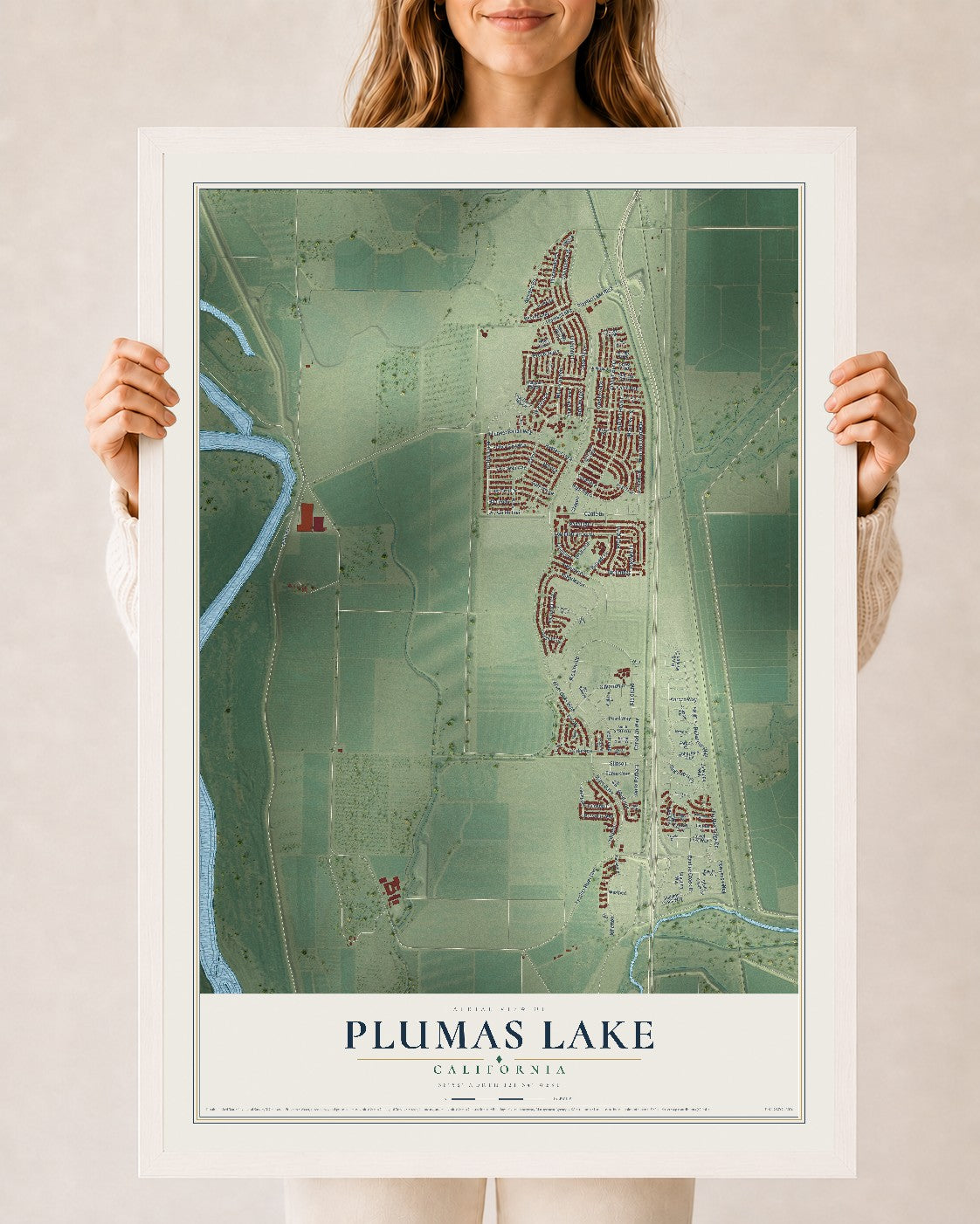 Map of Plumas Lake, California, 24 x 36 inch print in a white wood frame