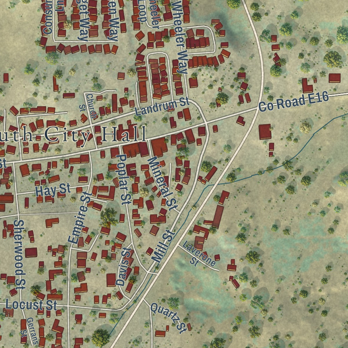 Close-up of the map of Plymouth, California print showing street and building detail