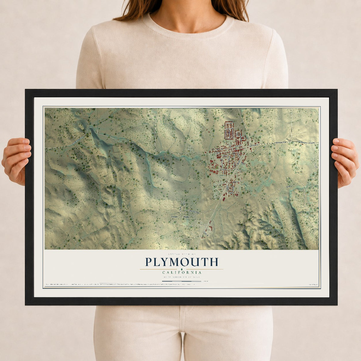 Map of Plymouth, California, 12 x 18 inch print in a black wood frame