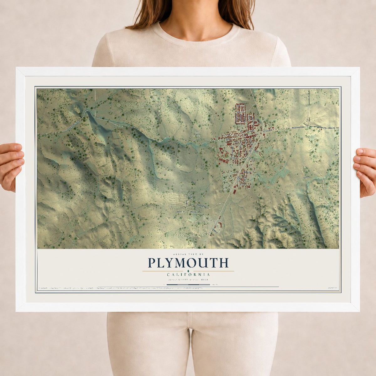 Map of Plymouth, California, 18 x 24 inch print in a white wood frame