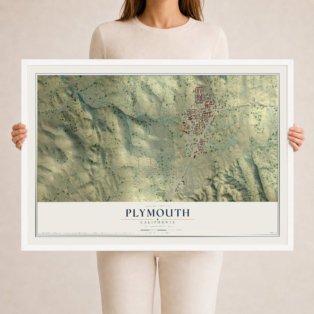 Map of Plymouth, California, 24 x 36 inch print in a white wood frame