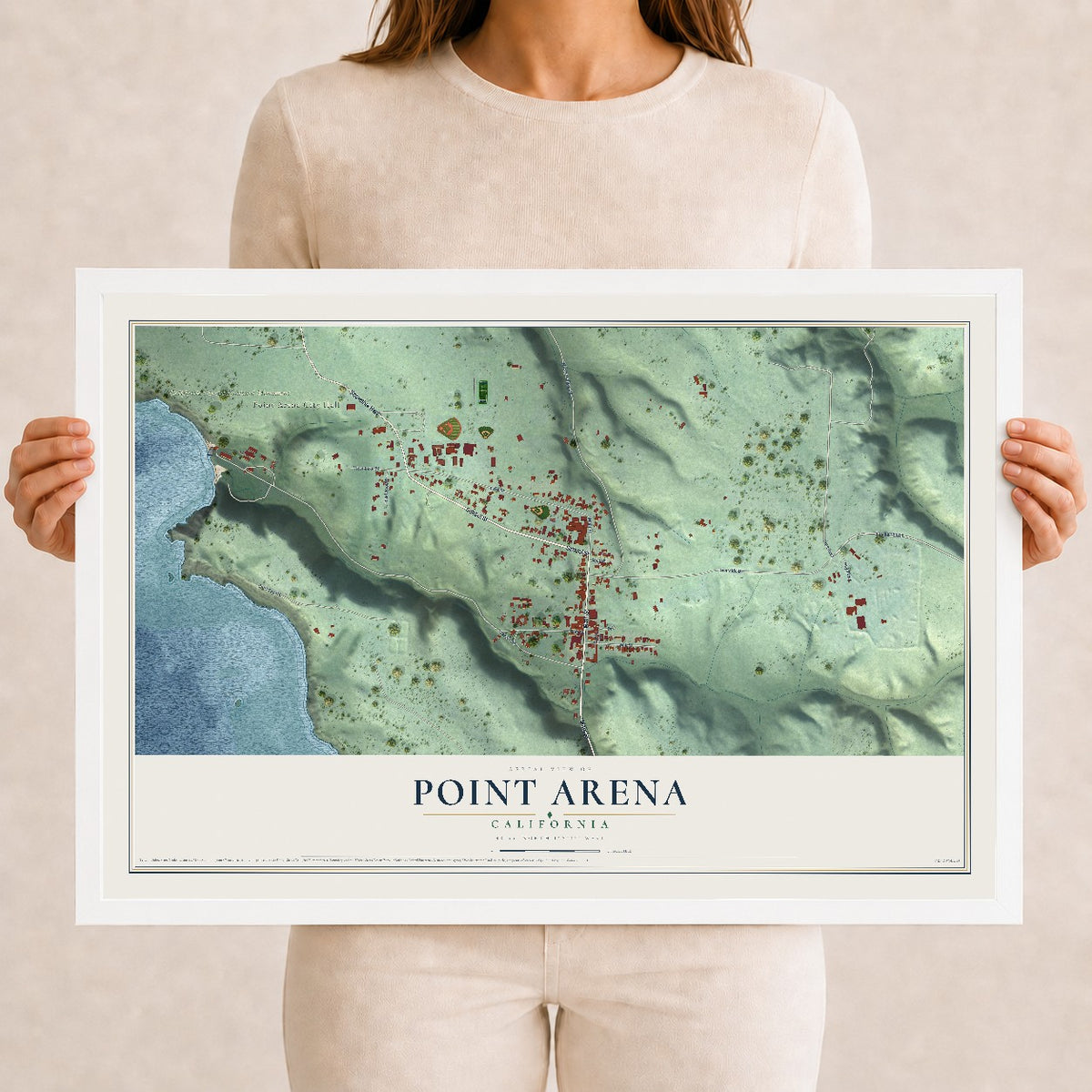 Map of Point Arena, California, 12 x 18 inch print in a white wood frame