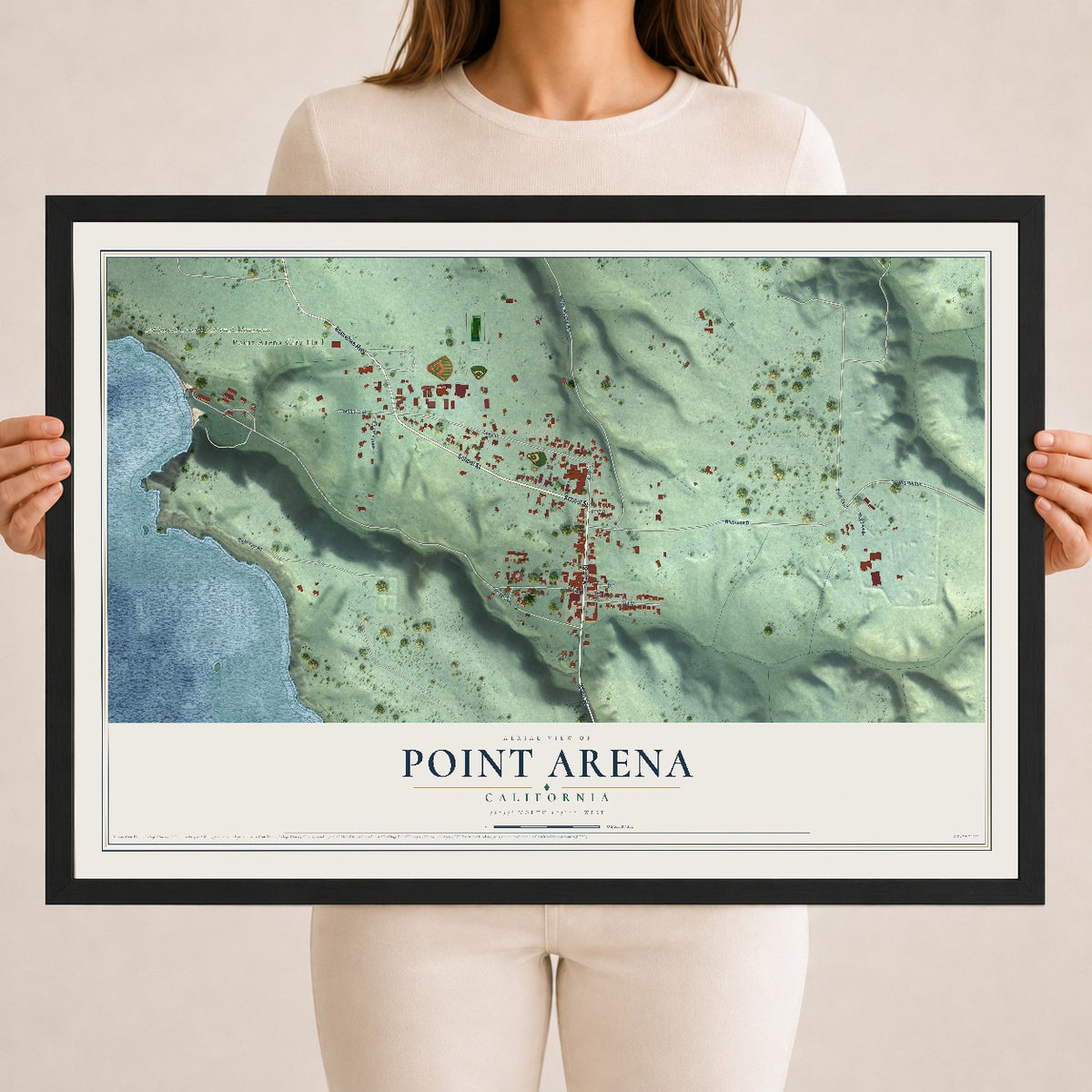 Map of Point Arena, California, 18 x 24 inch print in a black wood frame
