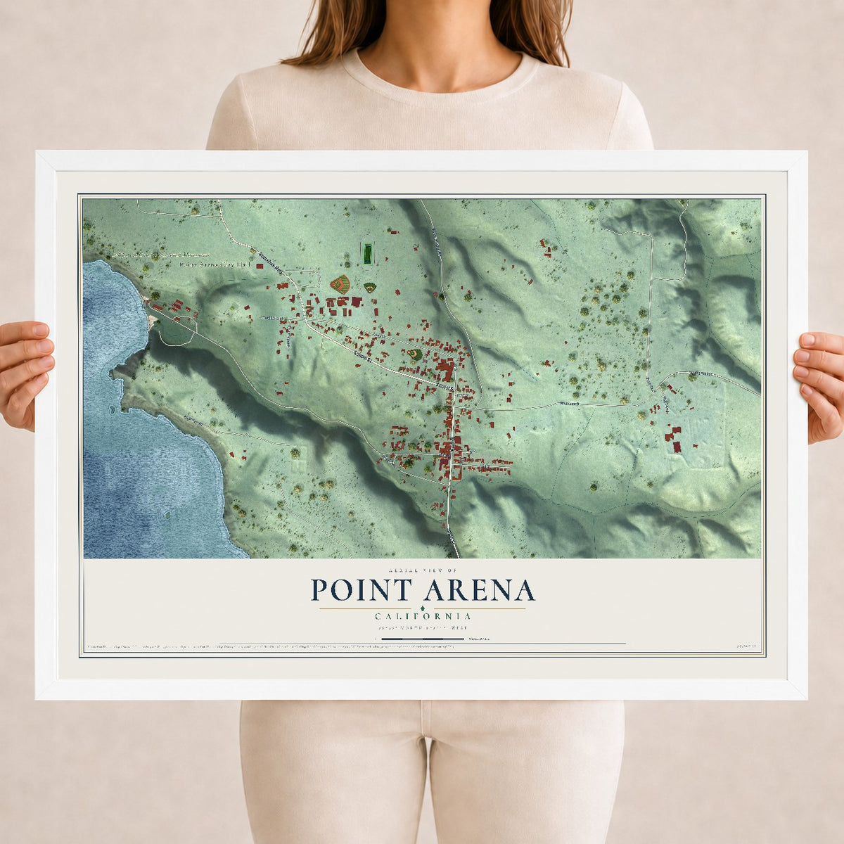 Map of Point Arena, California, 18 x 24 inch print in a white wood frame