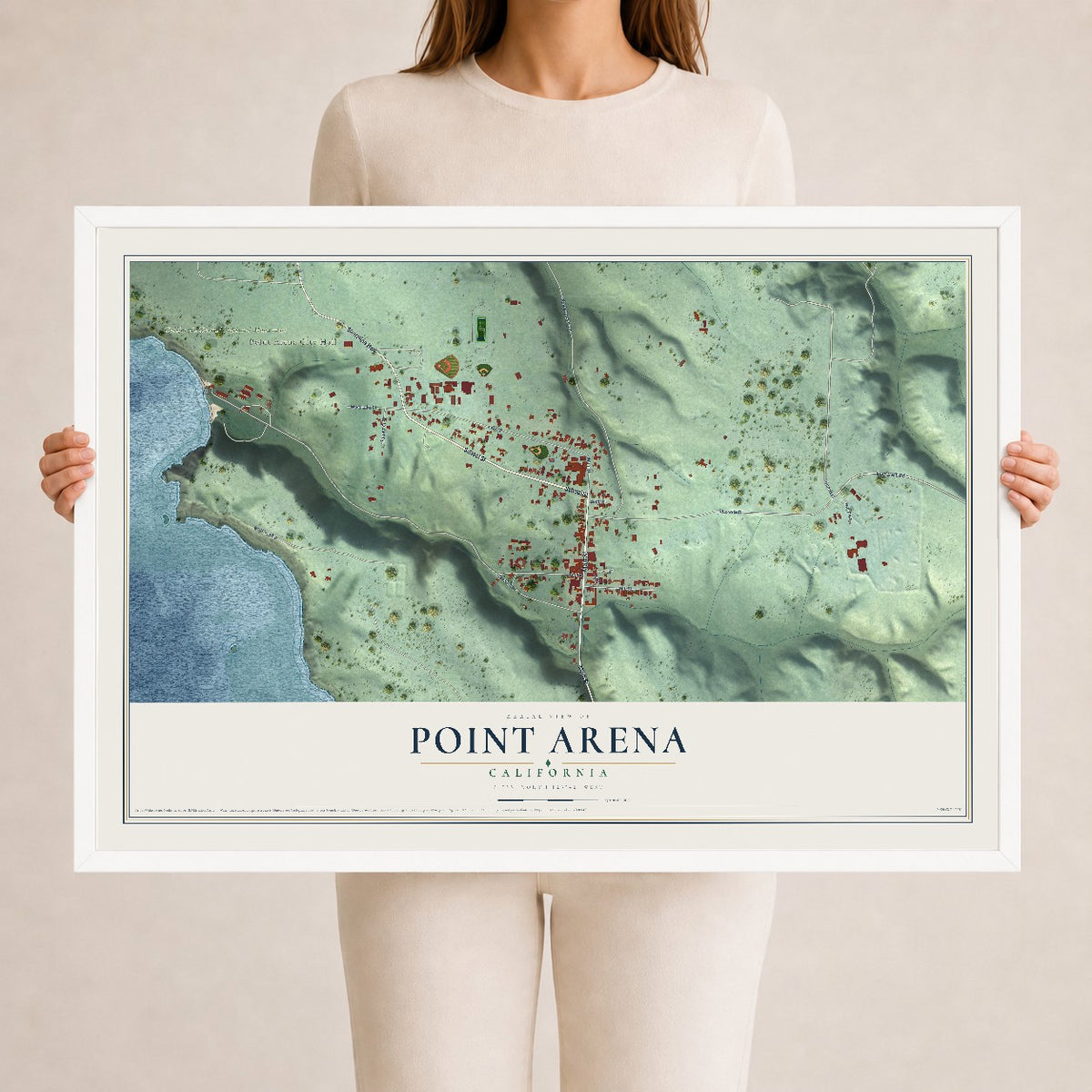 Map of Point Arena, California, 24 x 36 inch print in a white wood frame