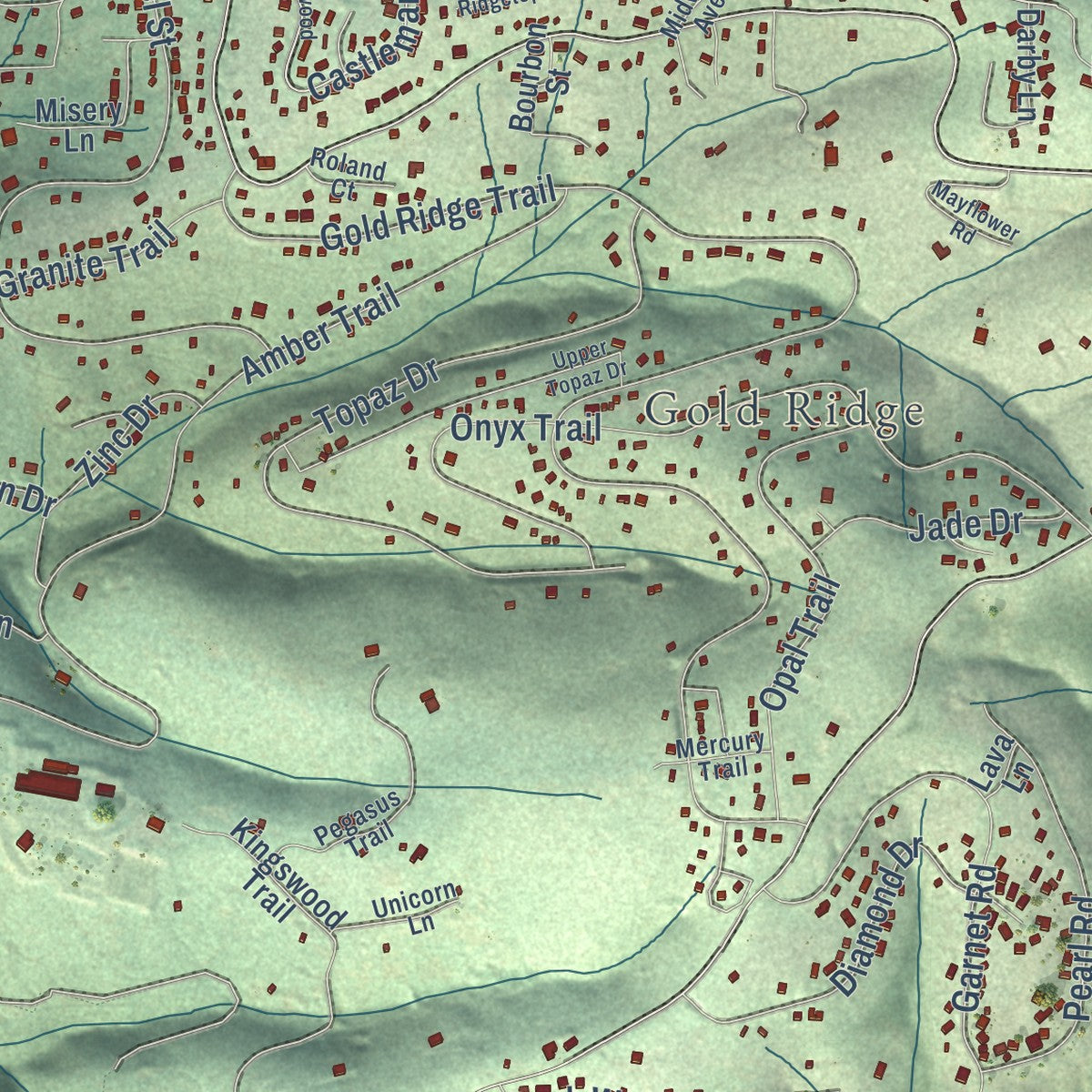 Close-up of the map of Pollock Pines, California print showing street and building detail