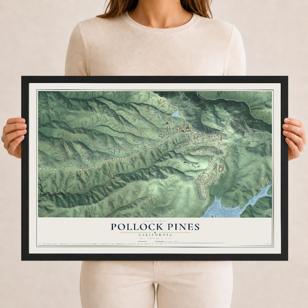Map of Pollock Pines, California, 12 x 18 inch print in a black wood frame