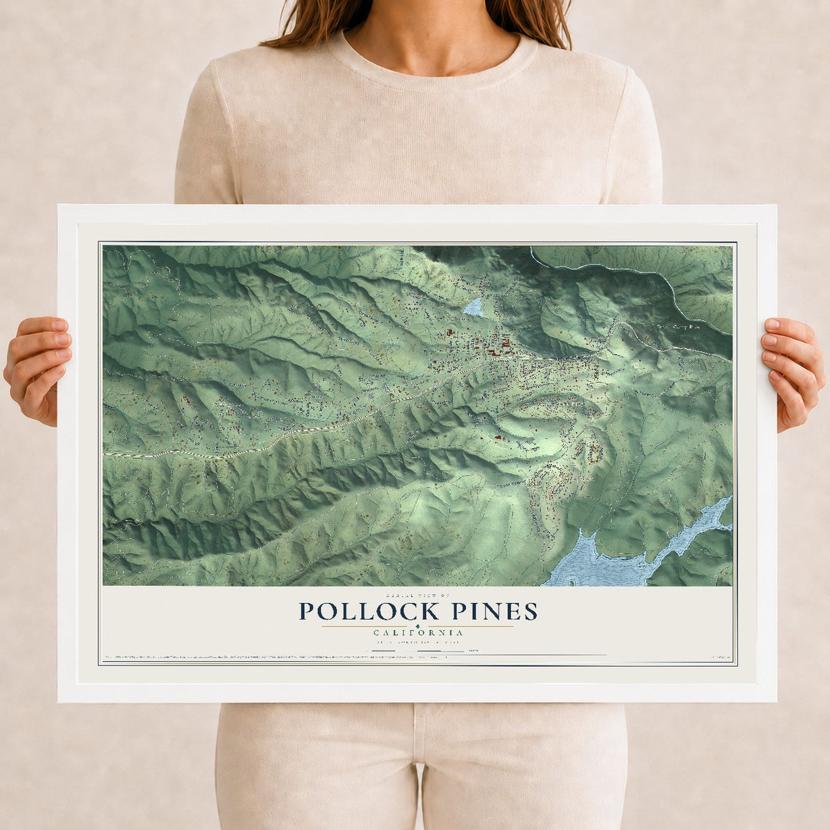 Map of Pollock Pines, California, 12 x 18 inch print in a white wood frame