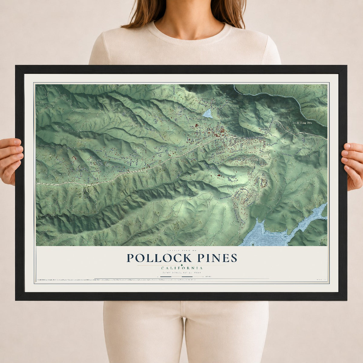 Map of Pollock Pines, California, 18 x 24 inch print in a black wood frame