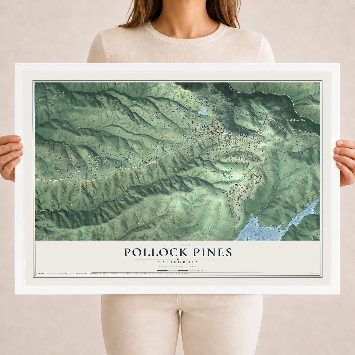 Map of Pollock Pines, California, 18 x 24 inch print in a white wood frame