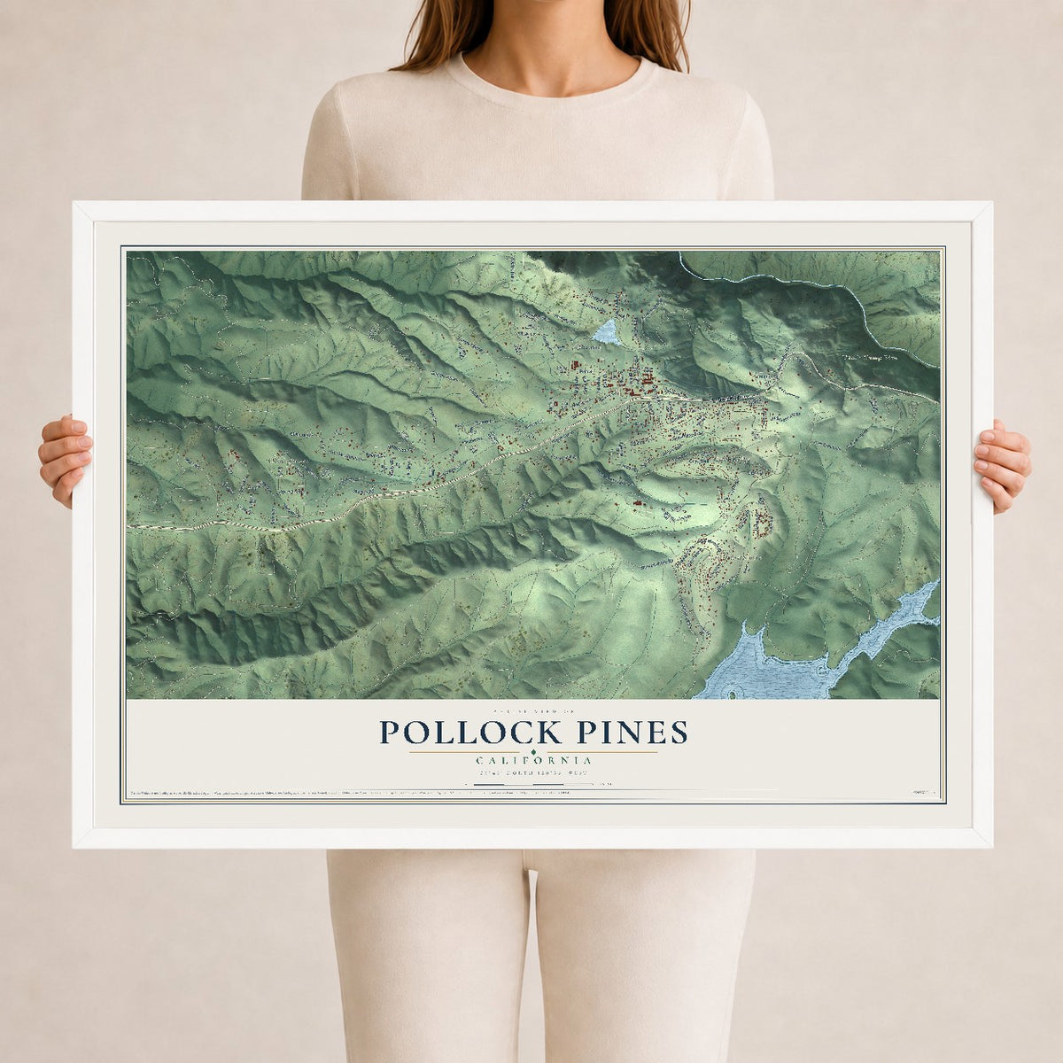 Map of Pollock Pines, California, 24 x 36 inch print in a white wood frame