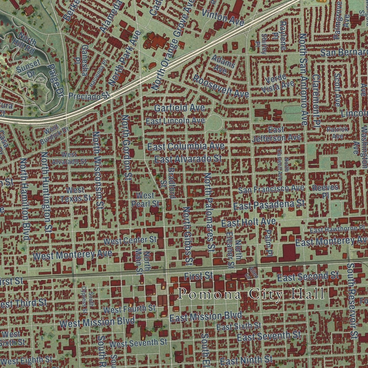 Close-up of the map of Pomona, California print showing street and building detail
