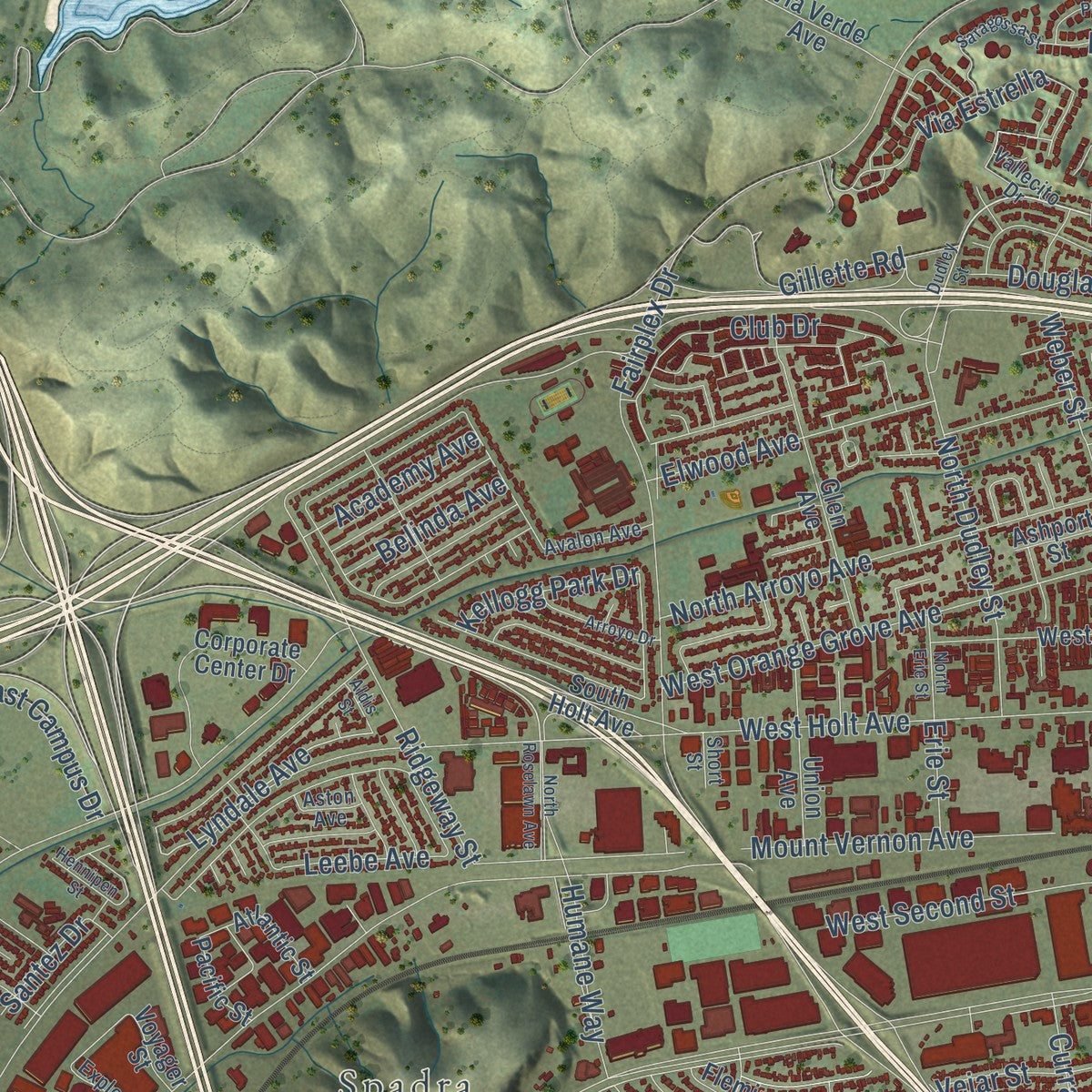 Second close-up of the map of Pomona, California print showing more streets and buildings