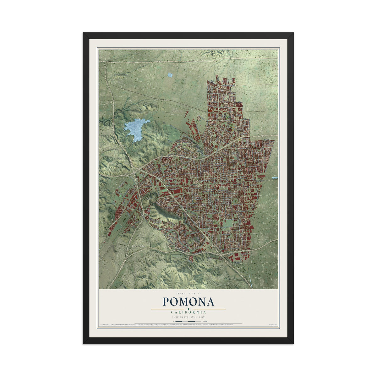 Map of Pomona, California, 12 x 18 inch print in a black wood frame